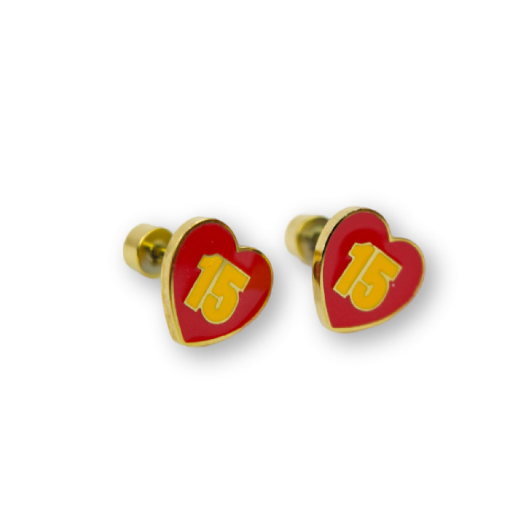Kansas City KC #15 Mahomes Heart Enamel Stud Earrings