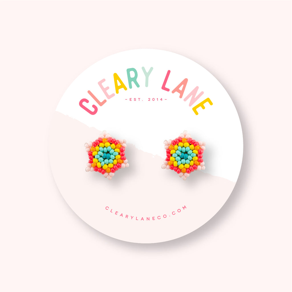 Beaded Flower Stud Earrings | Pink & Orange