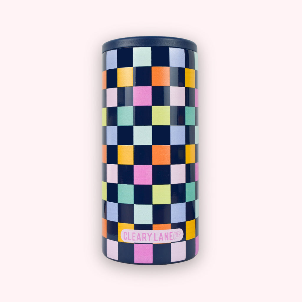 12oz Skinny Can Coolers | Navy Rainbow Checkers