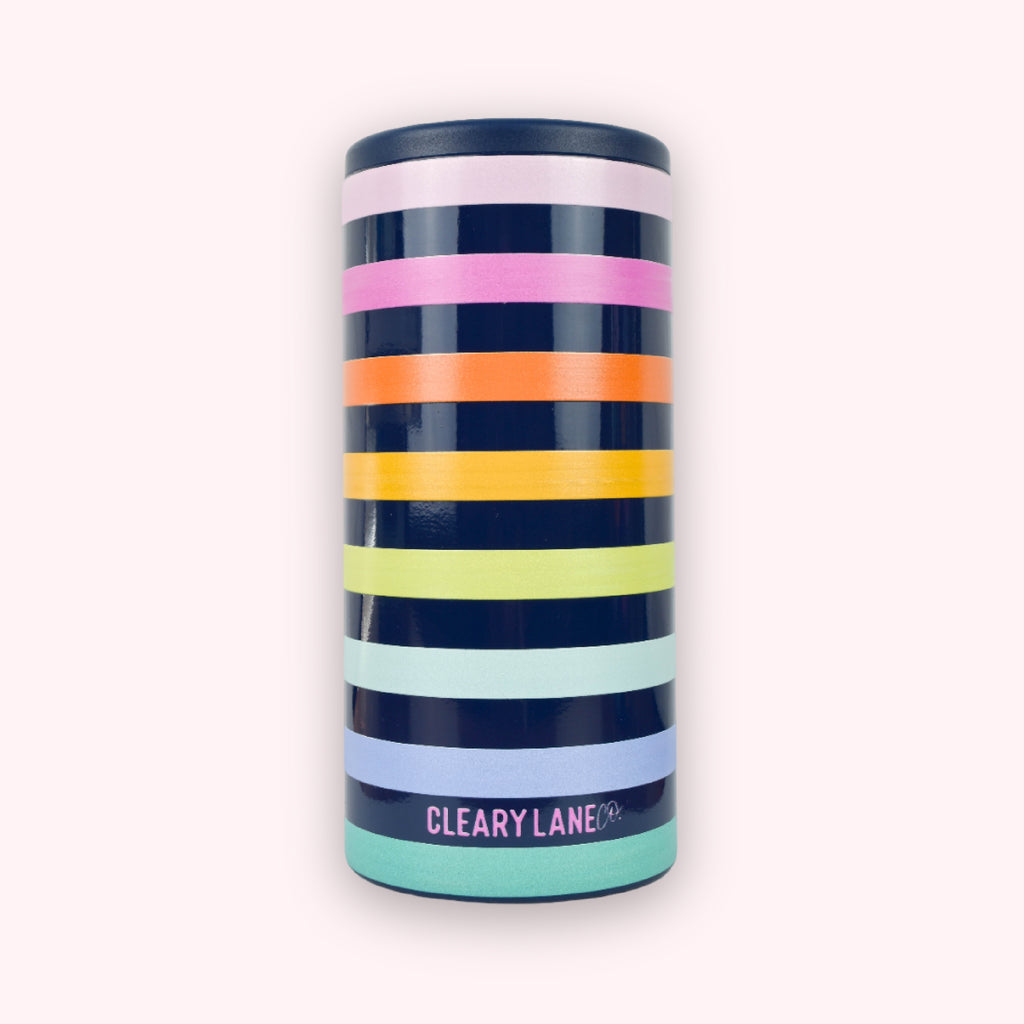 12oz Skinny Can Coolers | Navy Rainbow Stripes