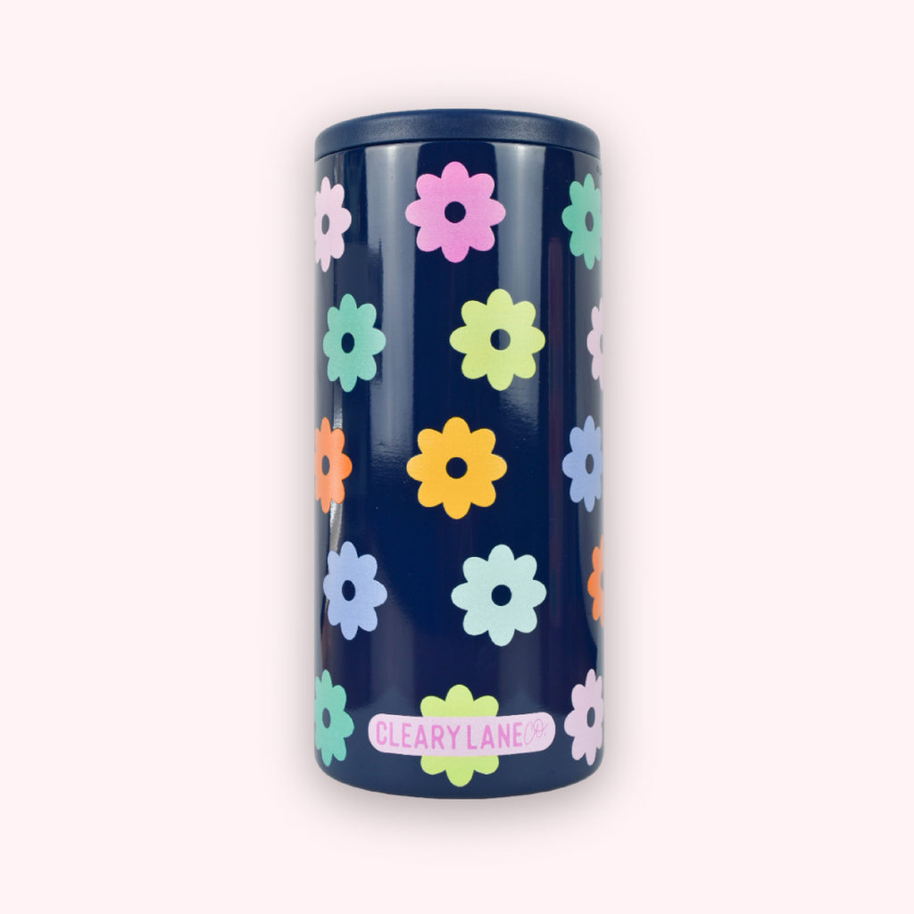 12oz Skinny Can Coolers | Navy Rainbow Flowers