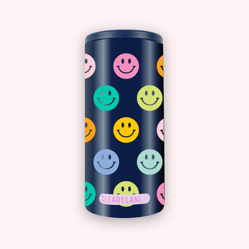 12oz Skinny Can Coolers | Navy Rainbow Smiley Face