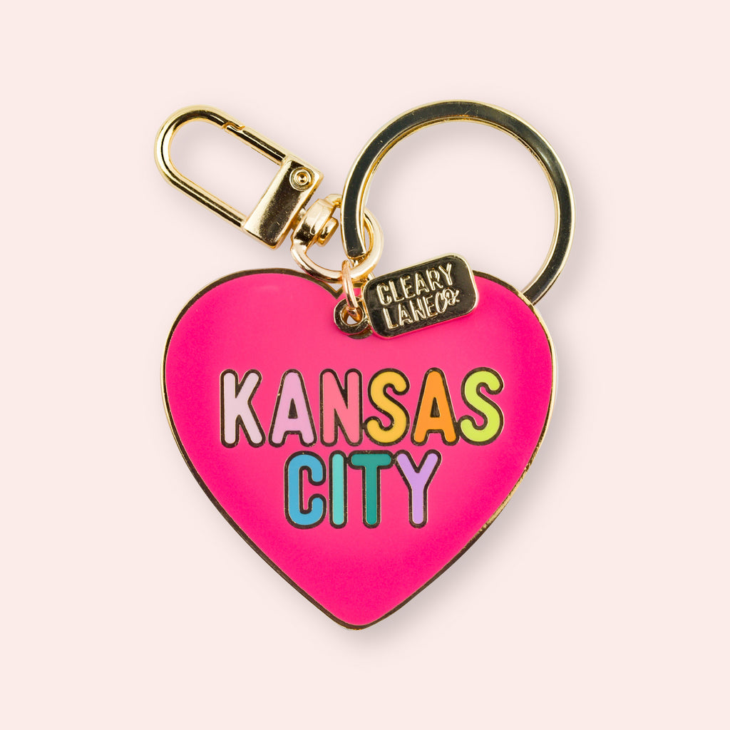 Kansas City Hot Pink Rainbow Heart Enamel Keychain