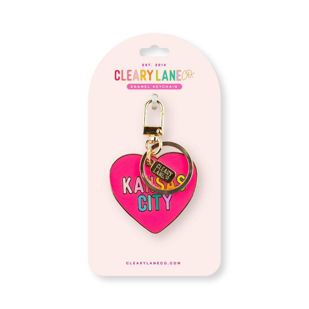 Kansas City Hot Pink Rainbow Heart Enamel Keychain