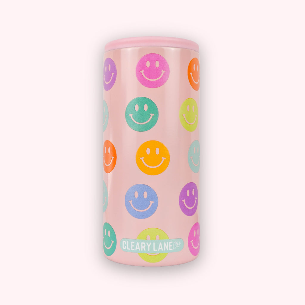 12oz Skinny Can Coolers | Blush Rainbow Smiley Face