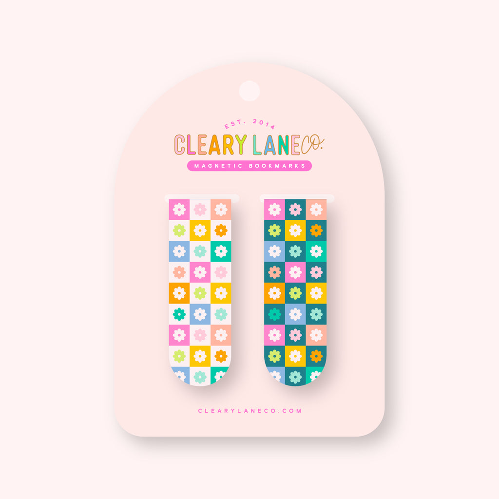 Magnetic Bookmark Set | Rainbow Floral Checkers