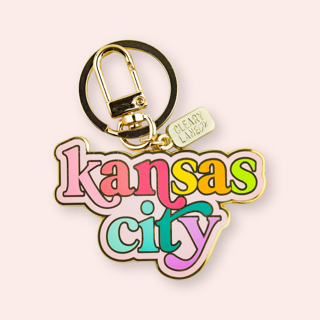 Kansas City Blush Rainbow Script Enamel Keychain