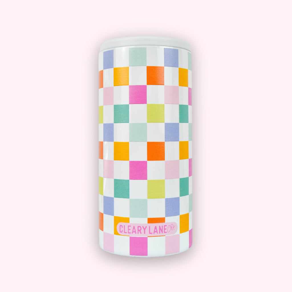 12oz Skinny Can Coolers | White Rainbow Checkers