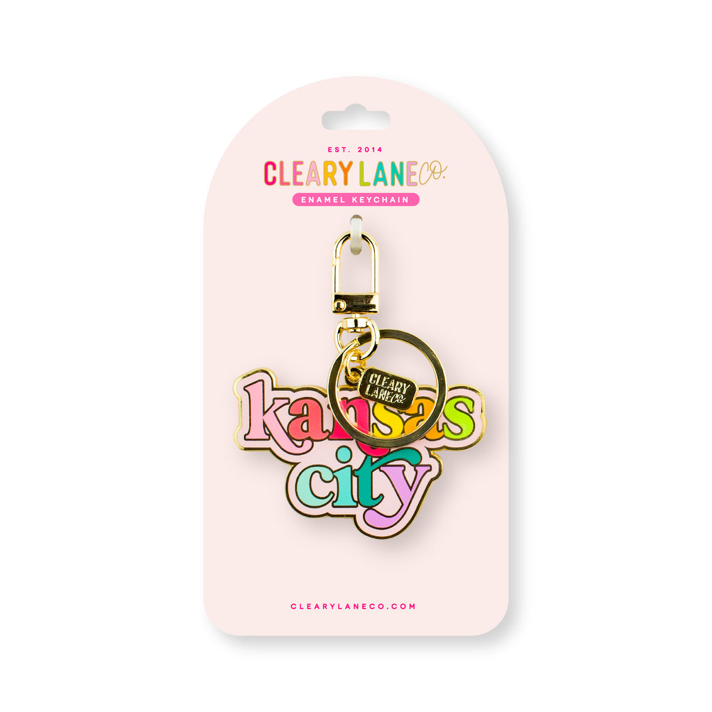 Kansas City Blush Rainbow Script Enamel Keychain