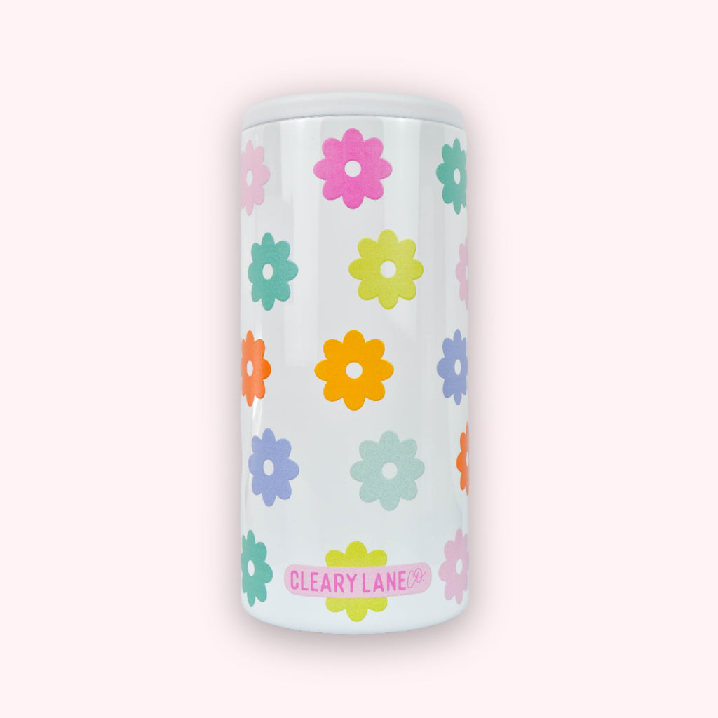 12oz Skinny Can Coolers | White Rainbow Flowers