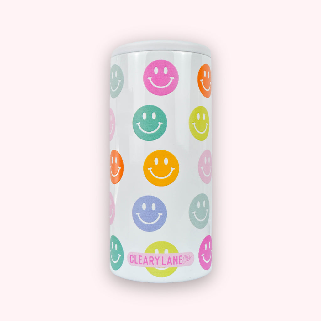 12oz Skinny Can Coolers | White Rainbow Smiley Face