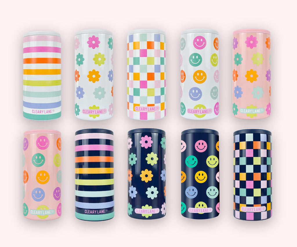 12oz Skinny Can Coolers | Navy Rainbow Smiley Face