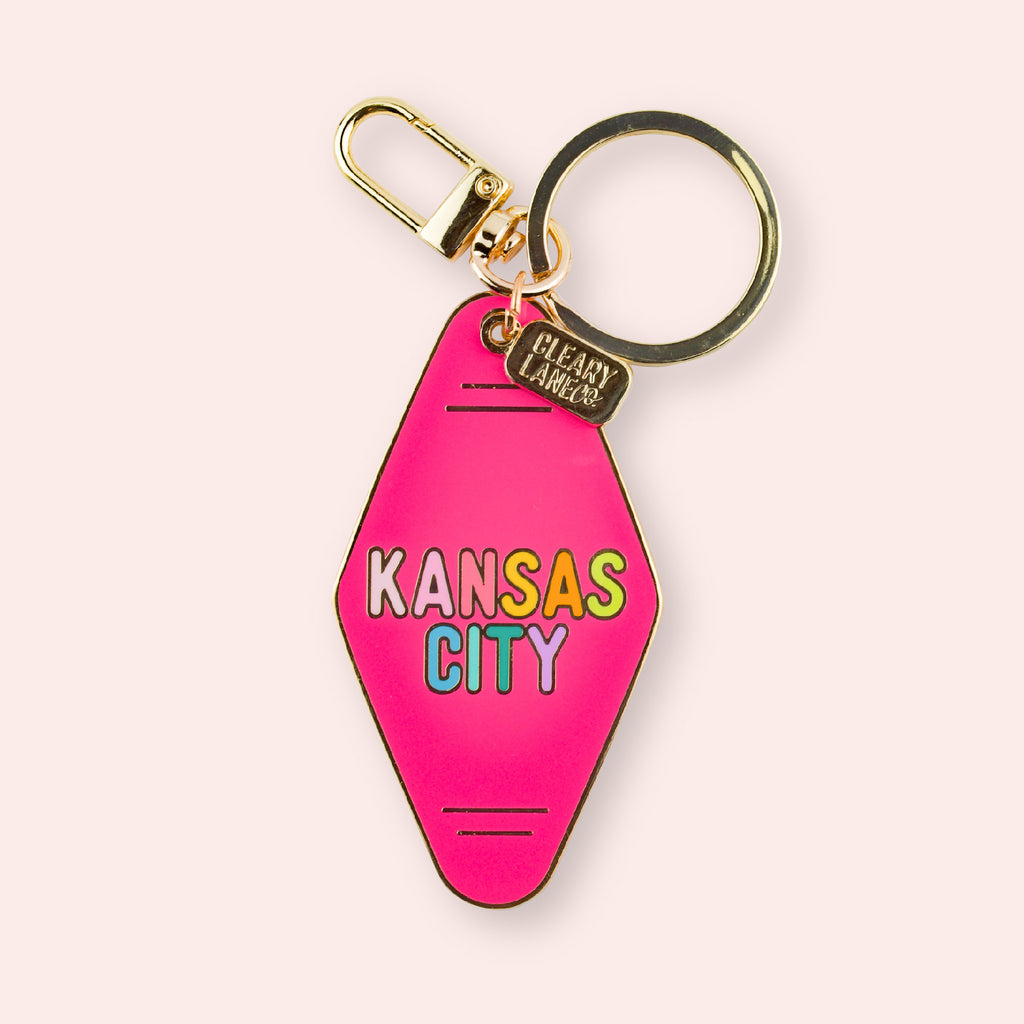 Kansas City Hot Pink Rainbow Motel Enamel Keychain