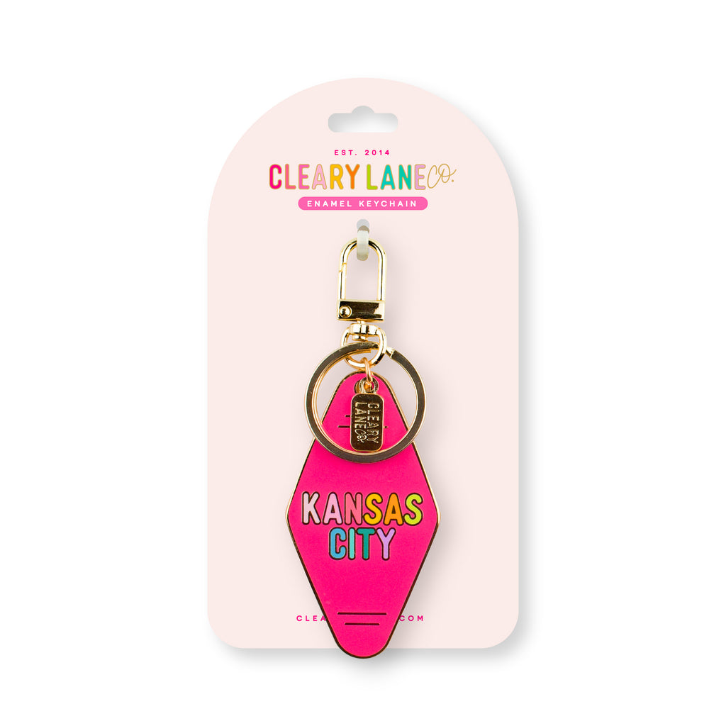 Kansas City Hot Pink Rainbow Motel Enamel Keychain