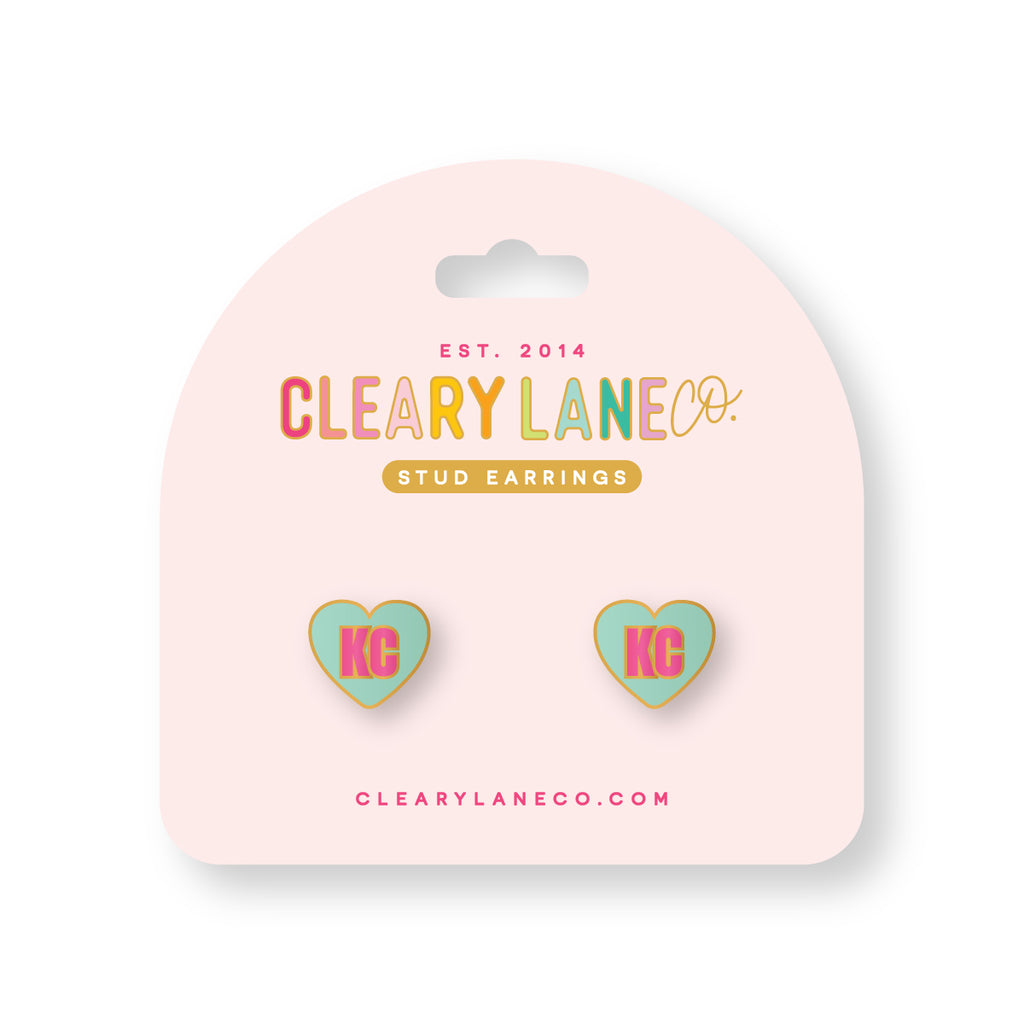 Kansas City KC Heart Enamel Stud Earrings | Aqua & Pink