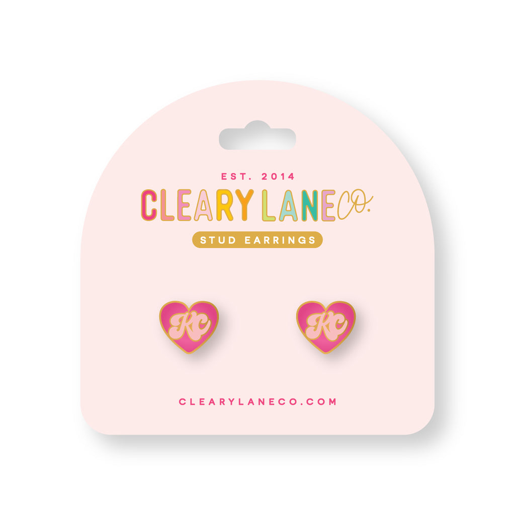 Kansas City KC Heart Script Enamel Stud Earrings | Pink