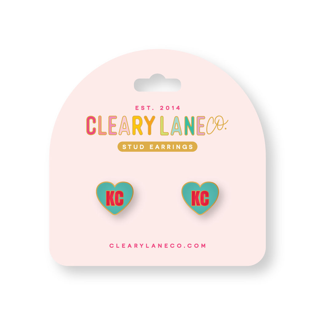 Kansas City KC Heart Enamel Stud Earrings | Red & Aqua