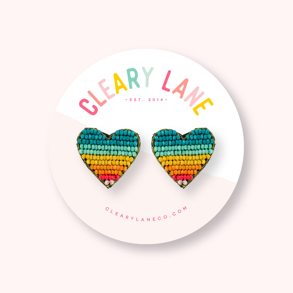 Beaded Heart Stud Earrings | Blue Rainbow