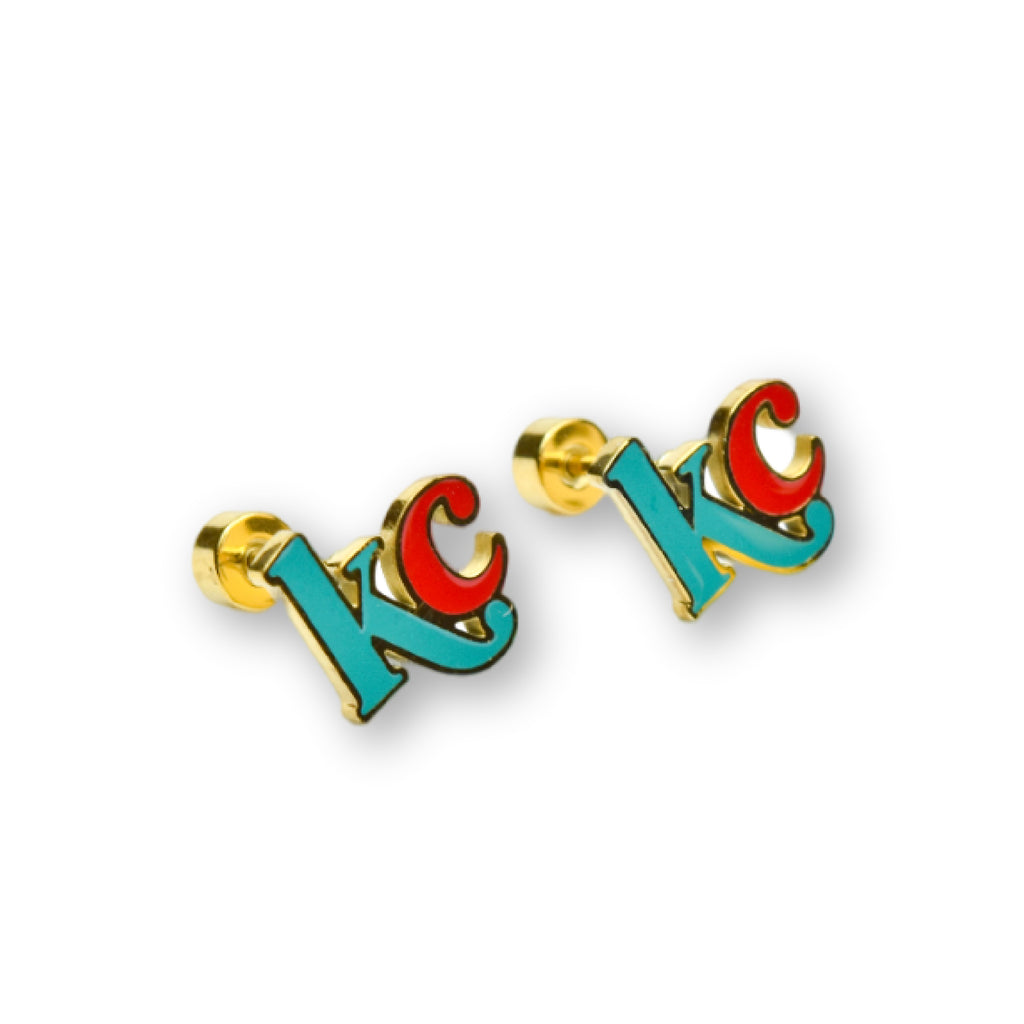 Kansas City KC Letters Enamel Stud Earrings | Red & Aqua
