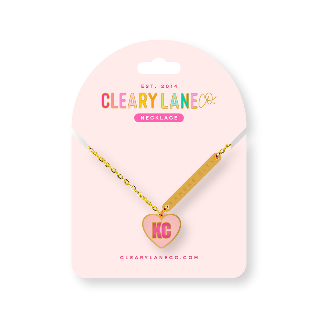 Kansas City Pink Heart Gold Enamel Necklace