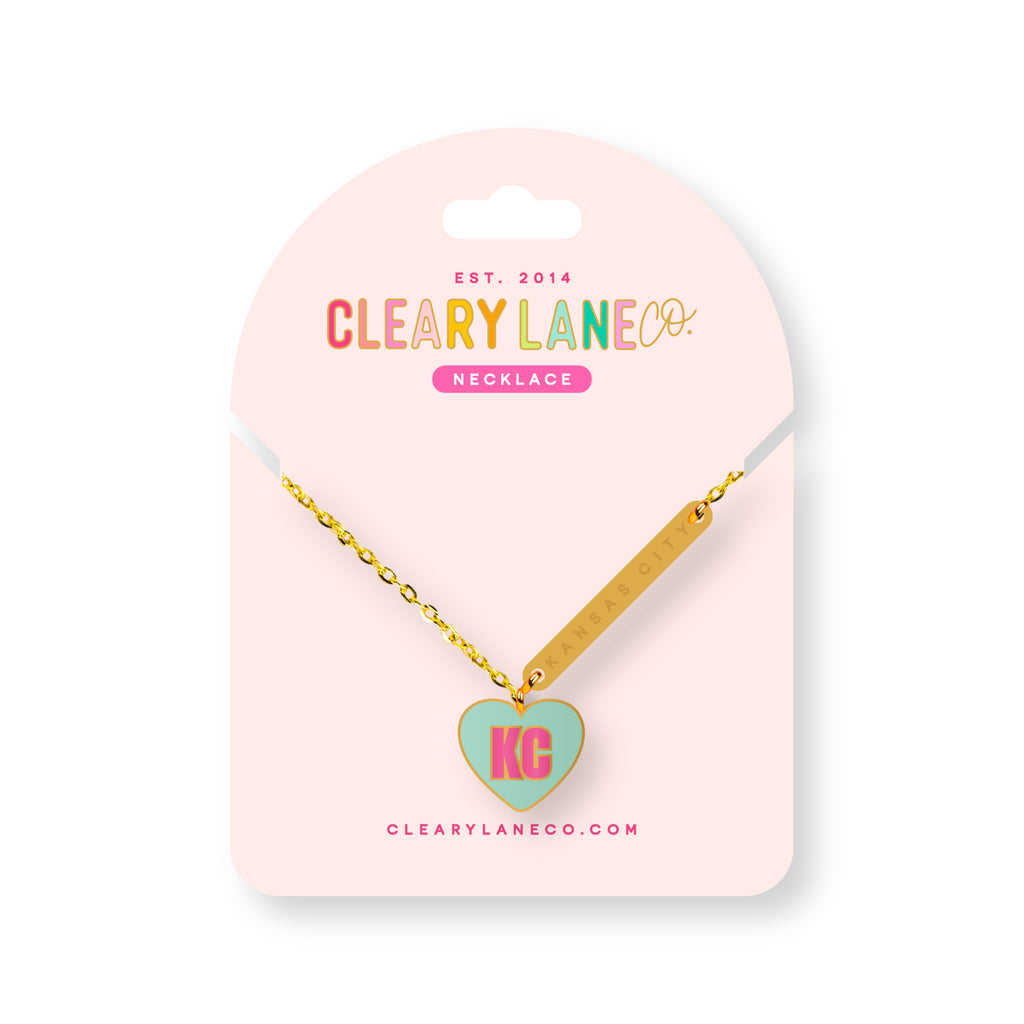 Kansas City Pink & Aqua Heart Gold Enamel Necklace