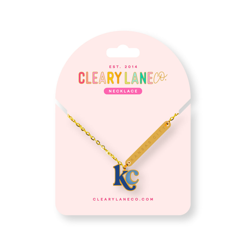 Kansas City Royal & Baby Blue Letters Gold Enamel Necklace