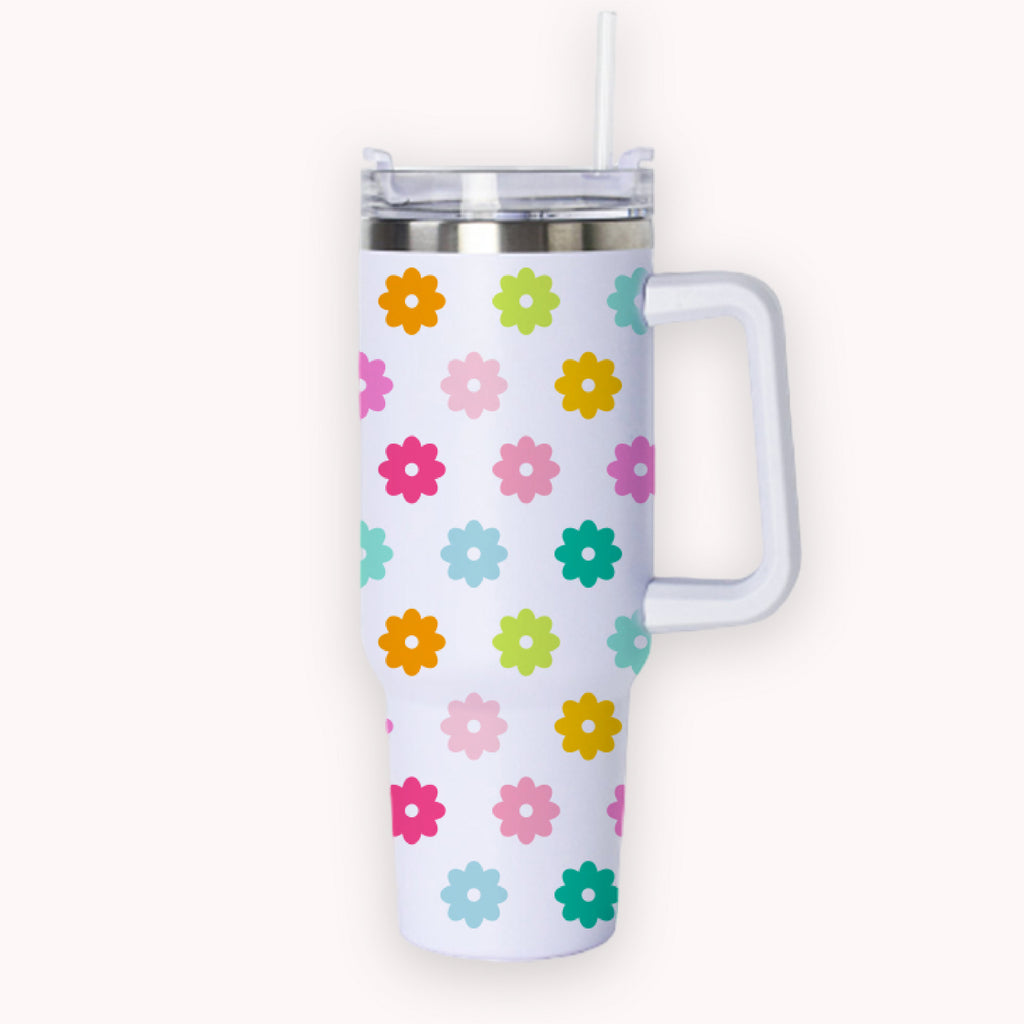 40oz Tumbler with Handle | White Rainbow Flowers