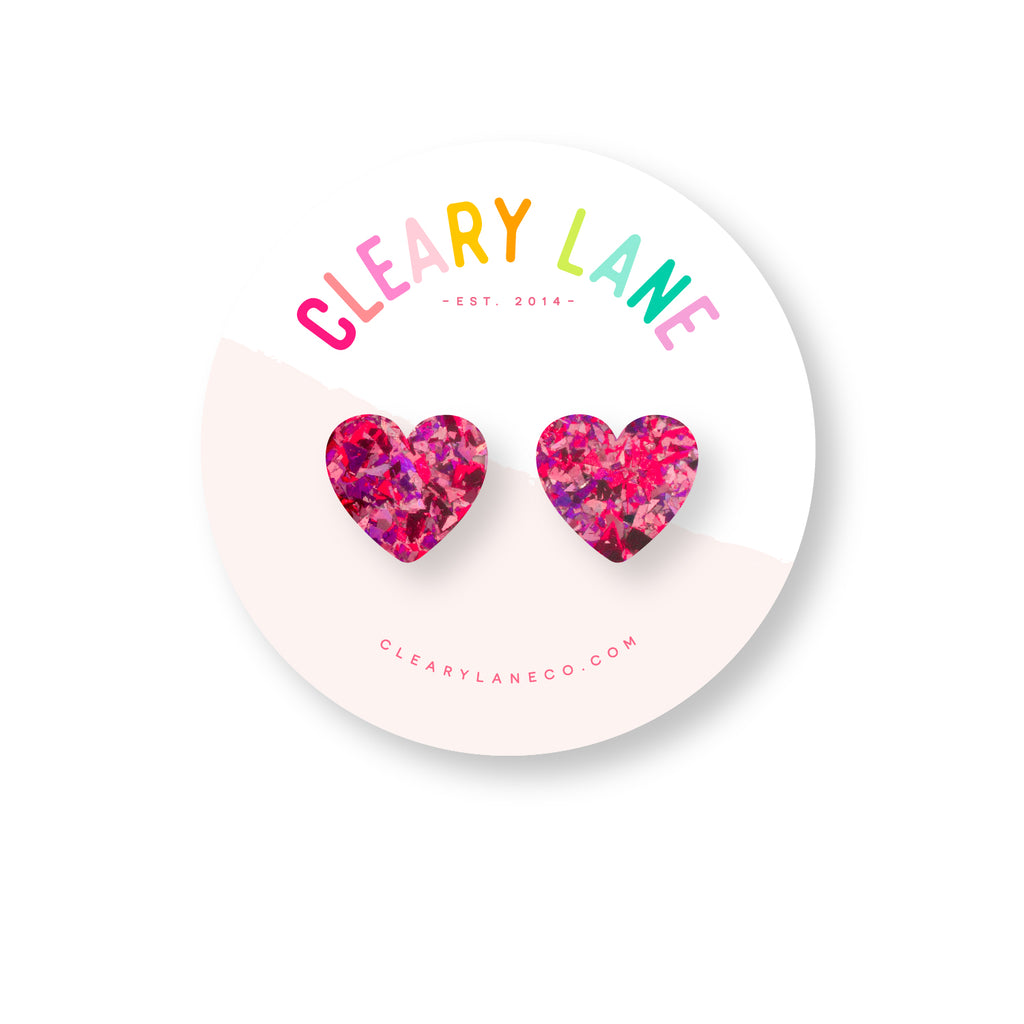 Valentines Heart Stud Earrings | Pink Confetti Glitter