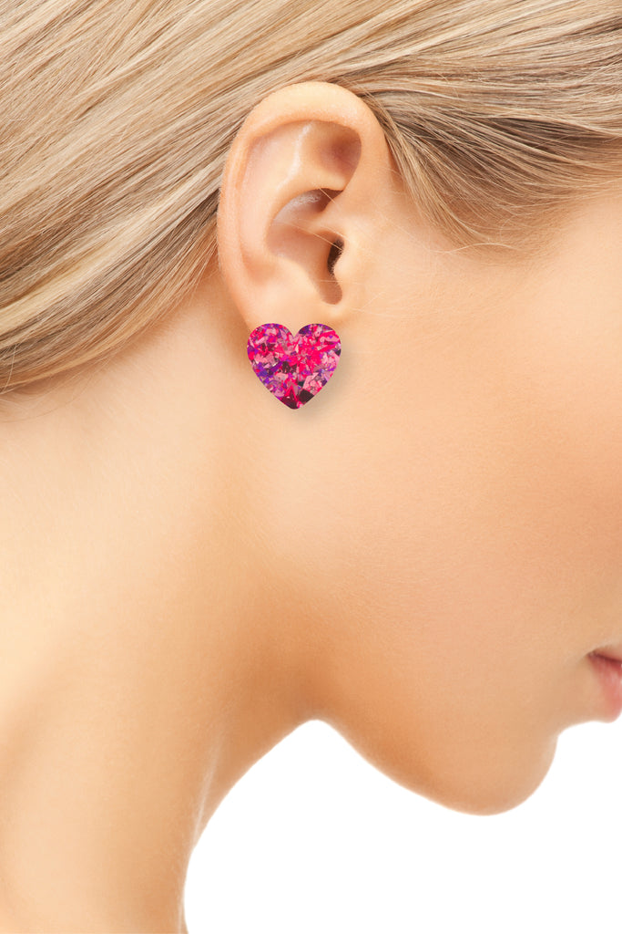 Valentines Heart Stud Earrings | Pink Confetti Glitter