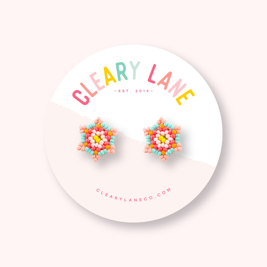 Beaded Flower Stud Earrings | Pink & Mint