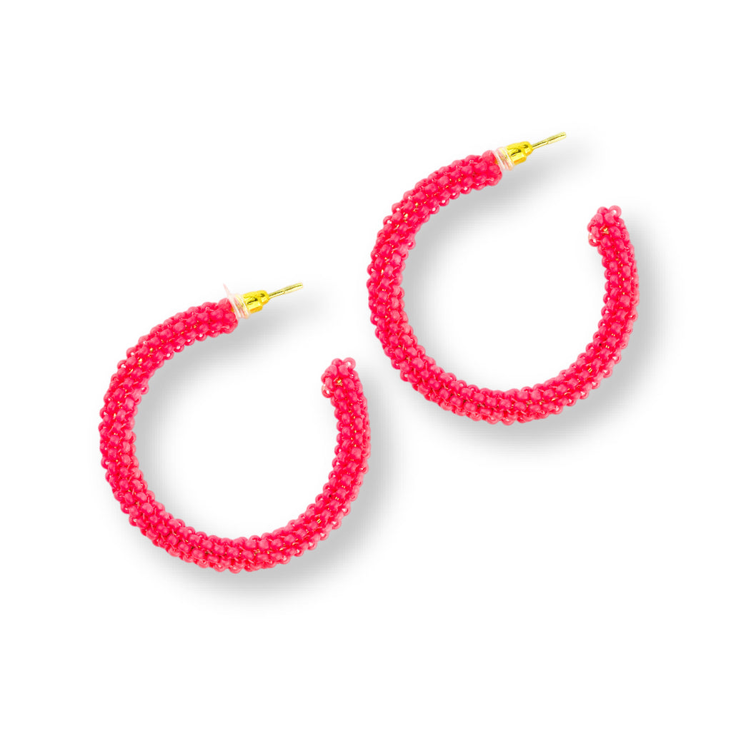 Beaded Hoop Earrings | Hot Pink